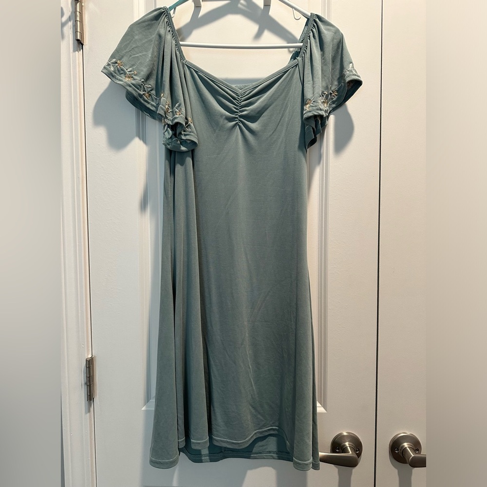 Teal Floral Embroidered Ruffle Sleeve Dress